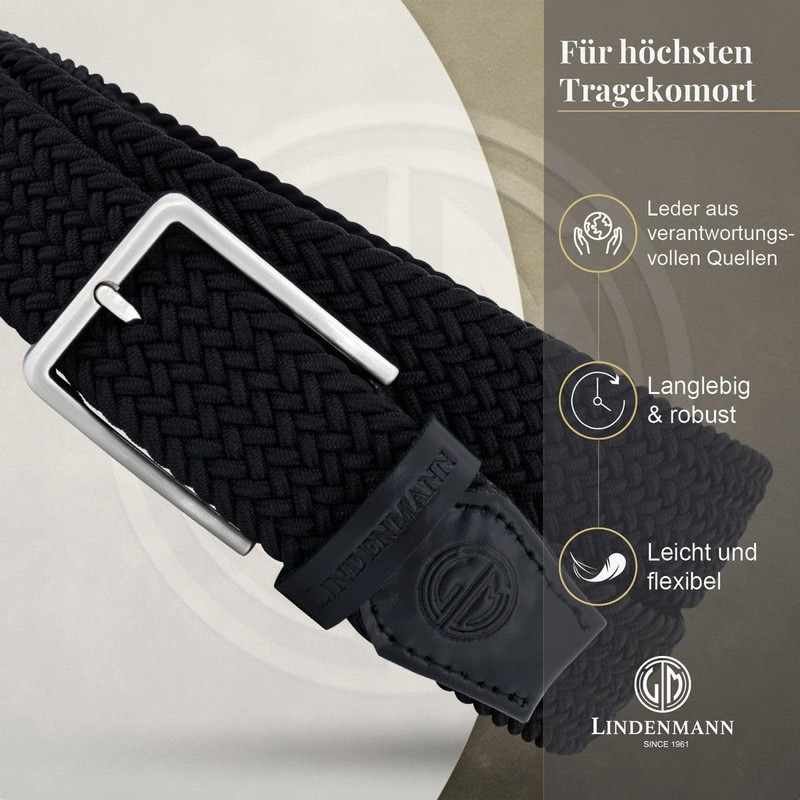 LINDENMANN Men's Stretch Belt Textile Braided Belt for Golf Black,