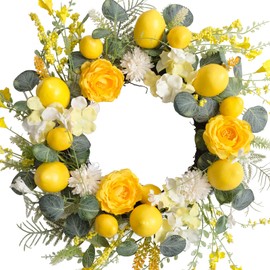 18 Inch Summer Yellow Lemon Roses Wreath for Front Door, Eucalyptus Leaves with Hydrangea Forsythia Flowers Wreath for Indoor and Outdoor, Rustic Farmhouse Door Wreath for Home Decor