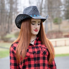 TOVOSO Western Cowgirl Hat, Straw Cowboy Hat for Women with Shapeable Brim, Beaded Hearts Trim, Black-Blue