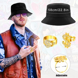 Dreamtop 6Pcs Hip Hop Costume kit 80s 90s Hip Hop Fancy Dress Rapper Fancy Dress Accessories with Bucket Hat Fake Gold Chain Dollar Sign Necklaces Rings Sunglasses for Women Men Hippie