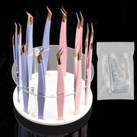 12 Holes Acrylic Tweezers Holder Rotatable and Non-slip, Durable Eyelash Makeup Grafting Tweezer Display Stand Extensions Organizer Training Rack Beauty Tools (White)