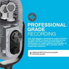 JLab Epic Talk USB Microphone, White, USB-C Output, Cardioid, Omni, Stereo, and Bi-Directional, 192k Sample Rate, Volume Control, Gain Control, and Quick Mute, 3.5mm AUX, Plug and Play