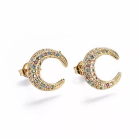 Unbranded Pave Cubic Zirconia Stud Earrings Moon Gold ful 12x11.5x2.3mm Pin 0.7mm P343