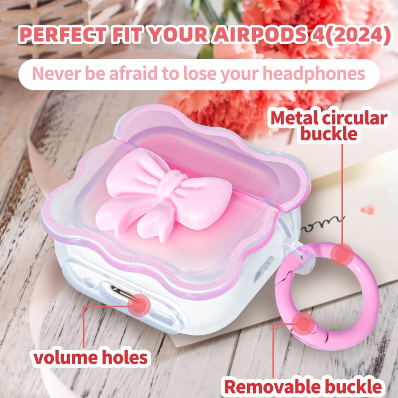 Cute Case for AirPod 4 with Keychain Pink Bow Clear