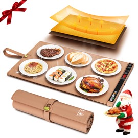 Heapsion Food Warming Mat, Electric Plate with 6 Level Temp 5 Hour Timer, 24x15'' Roll-Up Portable Warming Tray for Dinner Parties, Gatherings, and Holidays（Brown）