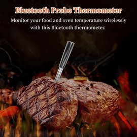 Wireless Meat Thermometer, Smart Bluetooth Thermometer with Waterproof Probe, Long Range Food Temperature Monitor for Grilling Smoker Oven Cooking Kitchen