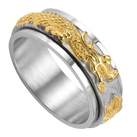 Tckyi 8mm Stainless Steel Dragon Design Spinner Ring for Men, Two-Tone Silver and Gold Plated, Rotating Band (silver and gold, 10)