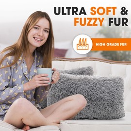 Cheer Collection Throw Pillows for Couch and Bed, Soft Shaggy Throw Pillows with Inserts Included, Cozy Long Hair Faux Fur Pillows - Set of 2-12" x 20" - Silver Gray