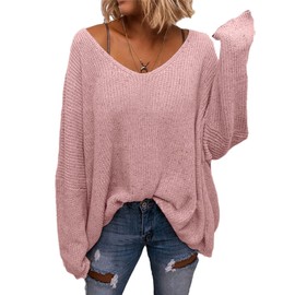 BZB Women's V Neck Long Sleeve Knit Loose Oversized Pullover Sweater Top Pink