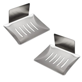 2 Pack Soap Dish for Shower Wall, Stainless Steel Adhesive Soap Holder for Bathroom, 5 Slot Sponge Holder for Kitchen Sink, Bar Soap Tray with Drain Silver