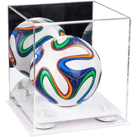 Better Display Cases Acrylic Mini - Miniature (not Full Size) Soccer Ball Display Case with Mirror Case, White Risers and White Base (A015-WR)