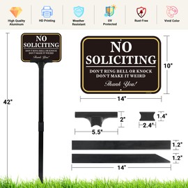 No Soliciting Sign for House with Adjustable Height Stake Set-14x10 Inch/42 Inch High-50-mil Thick Aluminum-Portable No Soliciting Yard Sign for Home Front Door and Business -Plug and Play Ready-White