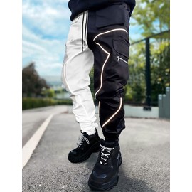 Mens Cargo Pants Hip Hop Techwear Harem Pant Jogger Sweatpants with Pockets Jogging Punk Black/White XXL
