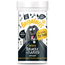 Bugalugs Natural Turmeric & Flaxseed Supplement joint health support, anti-itch treatment, stop moulting. Omega 3 for dogs, cold pressed, immunity supplements, skin, hair & coat (70g Powder)