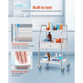 VEVOR Service Cart, 3 Layers Stainless Steel Utility Rolling Cart with Drawer, Lockable Wheels, Ideal for Laboratory, Hospital, Dental Use