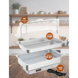 2 PACK Electric Chafing Dishes 9 QT Adjustable Temp Roll Top Food Warmer with Full Size Pan, Stainless Steel Buffet Servers and Warmers, Temp Display Food Warmer Transparent Lid Chafers for Parties