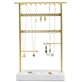 SANY DAYO HOME 5-Tier Gold Jewelry Organizer Stand with Double Sided 18 Necklace Hooks, 34 Earring Holes, 2 Bracelet Holders, White Real Wood Tray for Jewelry Display