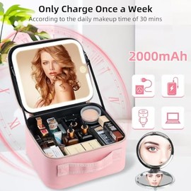 Bolsa Maquillaje Profesional Espejo Led Pequeño Juego Brochas Piezas Estuche Viaje Divisores Ajustables Herramientas Belleza Rosa