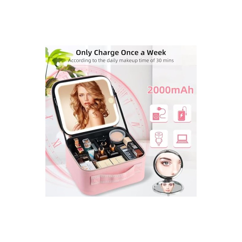 Bolsa Maquillaje Profesional Espejo Led Pequeño Juego Brochas Piezas Estuche