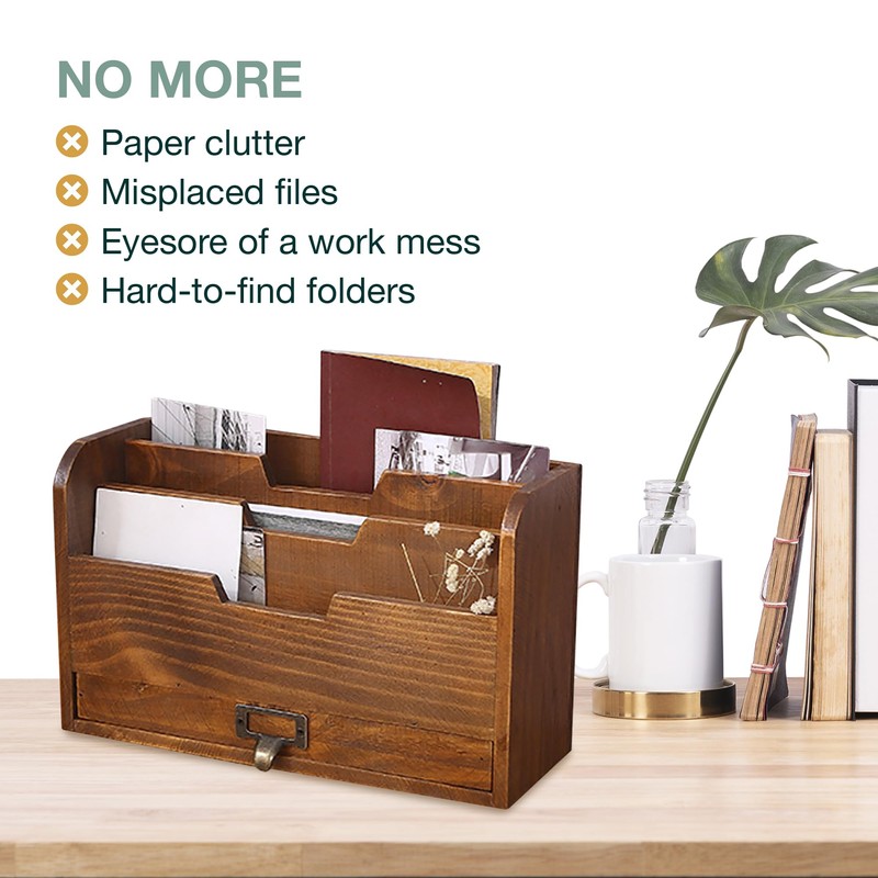 Rustic Wooden Desk Organizer - Vertical File Sorter with 3