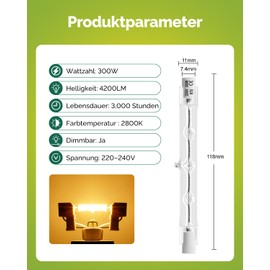 Fondiiz R7s Halogen Rods 118 mm, 300 W Dimmable Halogen Bulbs R7s, 4200LM 2800K Warm White J118 Halogen Rods Linear Halogen Lamp for Spotlights, Uplights, Spotlights, Ceiling Lights, Pack of 6