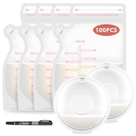 Bolsas para Leche Materna 250ml (100 Pzs) + Recolector de Leche Materna 70ml (2 Pzs) + Bolígrafo — Sacos de Almacenamiento de Leche Preesterilizados, Antifugas y Reutilizables