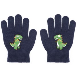 CHEERYMAGIC Kids Gloves, Children Stretchy Warm Thermal Gloves Winter Magic Full Fingers Gloves Cute Dinosaur Pattern Mittens Knit Gloves for Boys Girls 5-11 Years Old Navy A7KLST