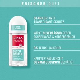 Hidrofugal DUSCH FRISCHE Roll-on, starker Antitranspirant Schutz gegen Achselnässe und Körpergeruch, Deo ohne Ethylalkohol mit frischem Duft (50 ml)