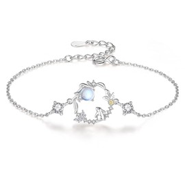 Silver Thunder Women's Bracelet, Popular, Hypoallergenic, Moonstone, Silver, Platinum Color, Rabbit, Moon Motif, Hand, Adjustable, Gift, Cute, Birthday, Anniversary, Wedding, Accessory, Jewelry