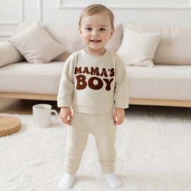 Baby Boy Fall Clothes Set Long Sleeve Crewneck Sweatshirts Pants Infant Newborn Waffle Outfits 6 12 18 24 Months 2T (Mama Boy Beige, 12-18 Months)