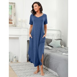 Nieery Women's Long Cotton V-Neck Summer Nightdress Large Sizes Short Sleeves Loose Sleep Shirt Night Dress Casual Sleepwear with Pockets S-3XL, Deep blue