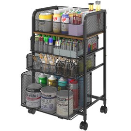 4-Tier Rolling Utility Cart with 3 Drawers - Craft Organizers and Storage with 360° Lockable Wheels,Art Supply Storage Organizer for Art Supplies, Store for Brushes & Paints & Artifacts Small Parts
