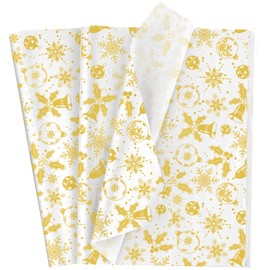 30pcs Gold Tissue Paper Sheet with Bell and Snowflake,Topeedy 14 * 20inch White Xmas Gift Wrapping Paper for Packing Christmas Party Wedding Present or DIY Craft