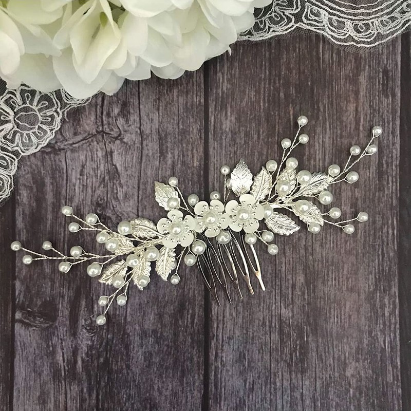 JWICOS Silver Flower Leaf Bride Wedding Hair Comb Pearl Hair