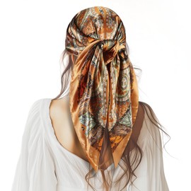 Faux Flower Bandana, Head Scarves for Women, 90 x 90 cm, Women's Summer Headscarf, Square Satin Headscarf, Smooth Silk Scarf, Elegant Neckerchiefs, Headwear Gift for Women, brown