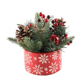 Flora Bunda Artificial Xmas Arrangement in 5 inch Red Snowfrakes Ceramic Pot Indoor Christmas Decoration