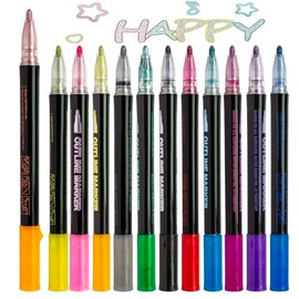 Idcrea Double Line Shimmer Marker Set, 24 Color Self Outline Metallic Marker Pens for Greeting Cards, Drawing, Art, DIY Crafts, Posters, Journals, Scrapbooking Painting… (24 color)