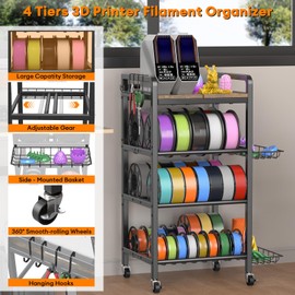 3D Printer Filament Storage Rack- 4 Tiers Filament Spool Holder, Heavy Duty 3D Printing Stand Filament Organizer with 360° Wheels, Metal Filament Stand Shelf for PLA/ABS/TPU/Nylon (Black)