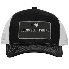 I Heart Love Going Ice Fishing - Leather Black Patch Engraved Trucker Hat, Black-White, One Size