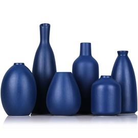 Blue Ceramic Vase - Set of 6 Blue Bud Vases, Modern Farmhouse Navy Blue Decorative Vases for Home, Office, Living Room, Table Decor - Ideal Centerpieces for Flowers, Shelf and Fireplace Accents