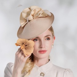 HIMESPORT Women's Champagne Straw Derby Hat with Feather for Formal Cocktail & Tea Party - Elegant Luxury Fascinator Headpiece