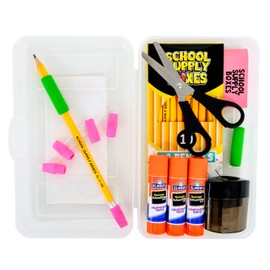 School Supply Boxes | Pencil Box Bundle | Includes Clear Pencil Box, Pencils, Erasers, Scissors, and More | Durable Organizer Box for Students or Teachers