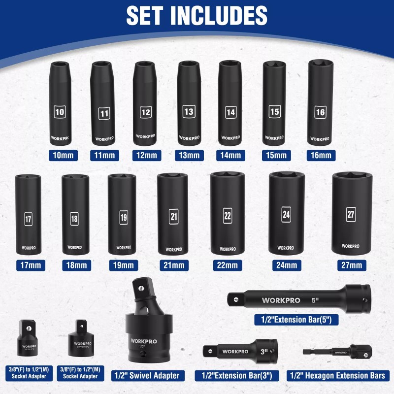 WORKPRO 20Piece 1/2''Drive Deep Impact Socket Set 6-Point Cr-V Steel