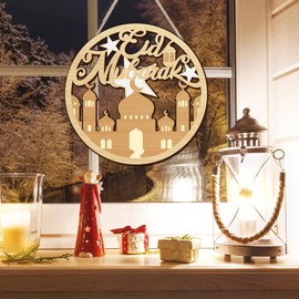 Colorful Eid Mubarak Wood Hang Plaque Muslim Symbol wall decor Ramadan Mubarak Lantern Wooden Signs Mosque Building Hanging Artwork Islamic Eid Ramadan Decorations for Home Living Room (12x12 inch)