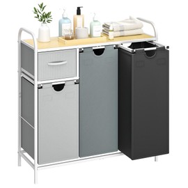 Yecaye Laundry Sorter 3 Section, Laundry Hamper with Shelf and 1 Drawer, 35.7Gal(135L) Laundry Basket Organizer, Pull-Out and Removable Oxford Fabric Laundry Bags for Laundry Room, Bedroom, Bathroom