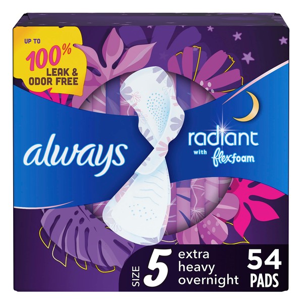 Always Radiant Feminine Pads For Women, Size 5 Extra Heavy Overnight Pads, With Flexfoam, With Wings, Light Clean Scent, 18 Count x 3 Packs (54 Count total)