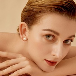 Pearl Earrings Freshwater Pearl Earrings Silver 925 Pearl Earrings Gold 18 K Pearl Earrings Hanging 8-10 mm Heart Flower Round Sun Rose Tear Butterfly Knot Leaf for Women Mum, Yellow Gold, Pearl