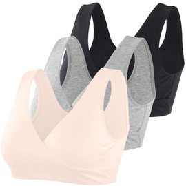 Topwhere Women's Cotton Wireless Sleep Bra for Nursing and Maternity (Black+Grey+ Apricot, XL)