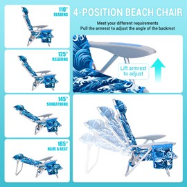 #WEJOY Folding Beach Chair for Adults, 4-Position Aluminum Lightweight Beach Chair, Low Beach Chairs with Shoulder Strap, Cup Holder and Padded Headrest, Supports 265lbs for Beach Lawn, Darkblue/White