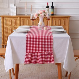 Camino de mesa rojo y blanco a cuadros con volantes de cuadros de 72 pulgadas de largo, 100 % algodón lavado, funda decorativa para gabinete (rojo, 72 x 13 pulgadas)